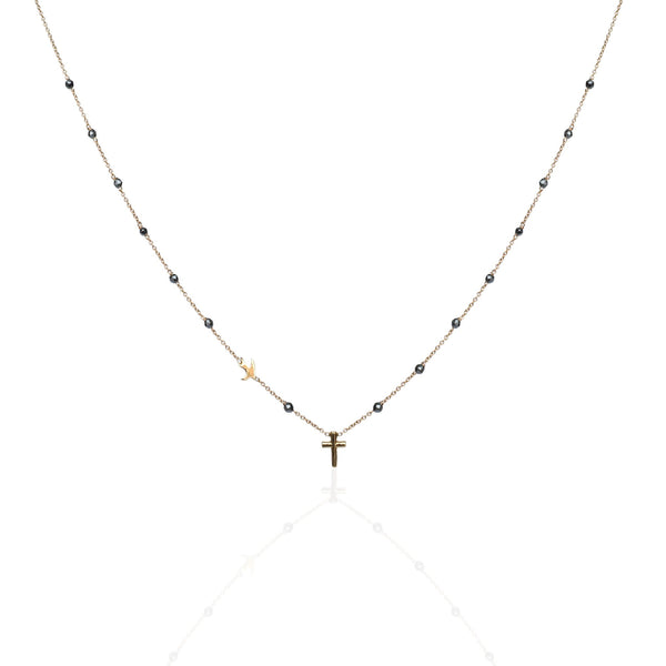 Cross and Bird Chain Threaded with Beads