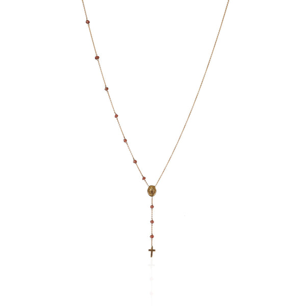 Hanging Cross with Medal and Garnet Gemstone Beads