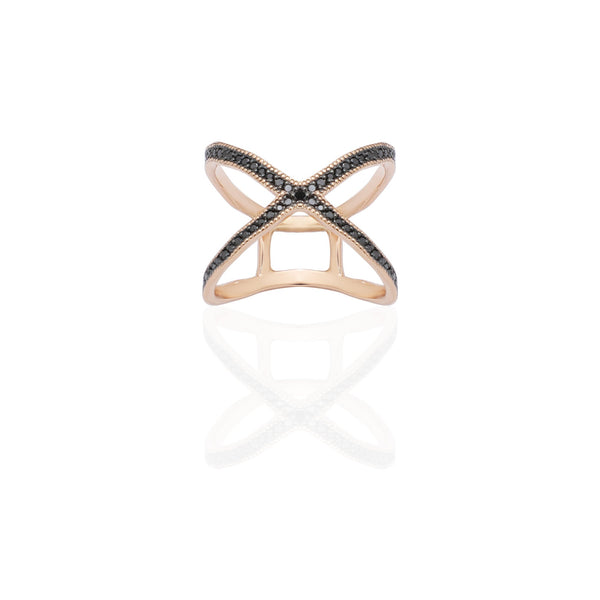 Wavy X Filigrane Ring with Black Diamonds