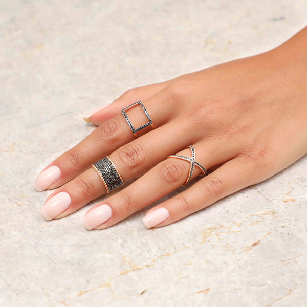 18k Gold Square Cage Ring with Grey Diamonds