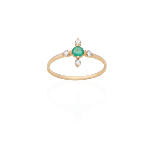 18k Gold Cross Ring with Emerald central stone and White Diamonds