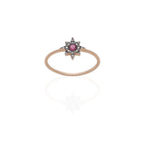 18k Gold Star Ring with Ruby Central Stone and Grey Diamonds