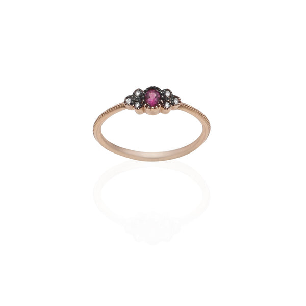 18k Gold Vintage Studded Thin Ring with Ruby and Grey Diamonds