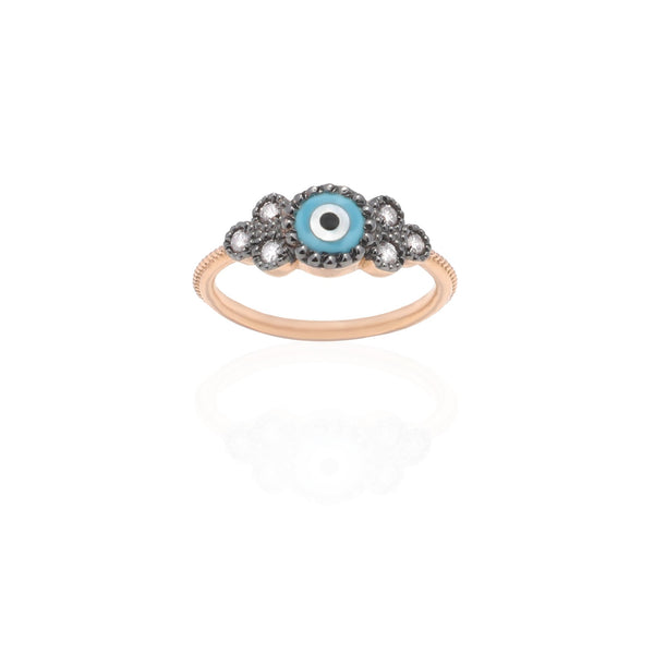 18k Gold Vintage Studded Evil Eye Ring with Grey Diamonds