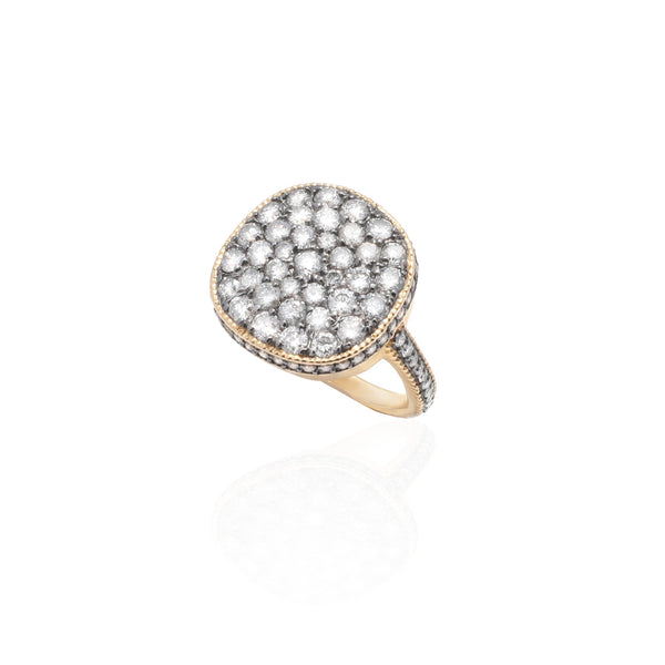 18k Gold Large Cushion Ring with Grey Diamonds