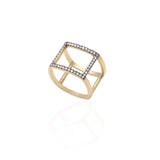 18k Gold Square Cage Ring with Grey Diamonds