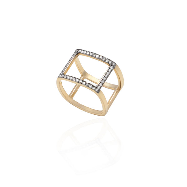 18k Gold Square Cage Ring with Grey Diamonds